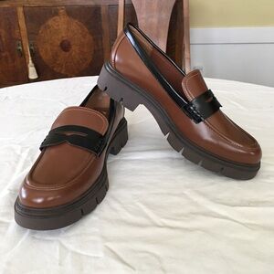 Marc Fisher Women's Brown Leather Lug-Sole Loafers with Black Accent, Size 9.5